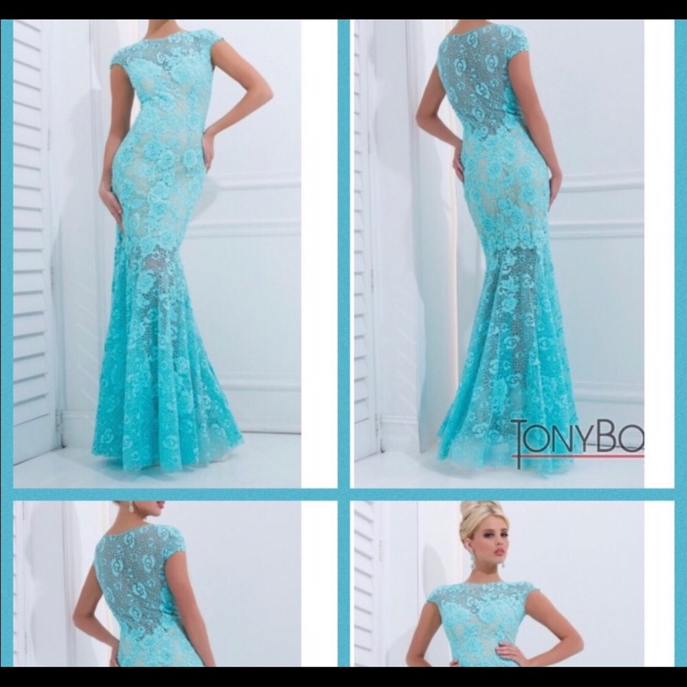 Tony Bowles aqua nude/lace beaded gown